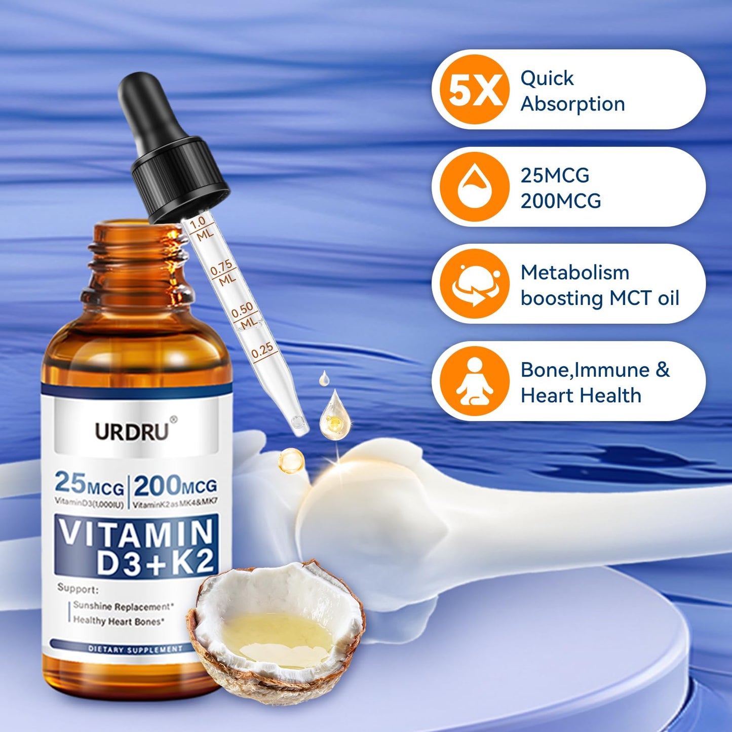 URDRU (2 Pack) Vitamin D3 K2 Liquid Drops – 2 Fl Oz | 1,000 IU D3 & 200 mcg K2 for Immune & Bone Health