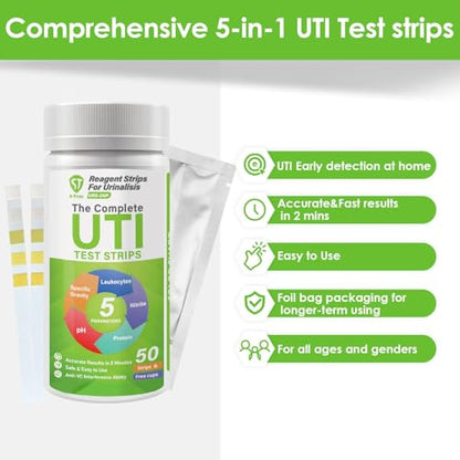 [50 Pack] 5-in-1 UTI Test Strips for Women, Men & Kids – Home Use (50 Cups Included)