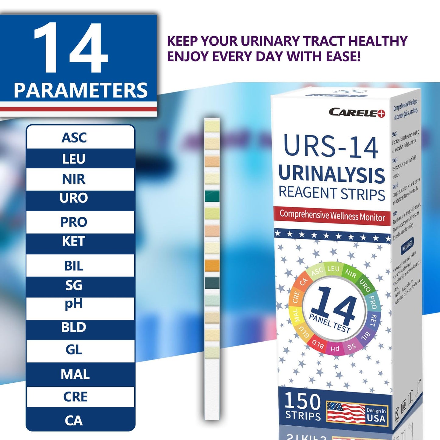 14 Parameters Urine Test Strips for Urinalysis | 150 Strips – Kidney, Liver, UTI, Ketosis, pH, KET, Prot, SG, BIL, CRE, BLO & 7+ More