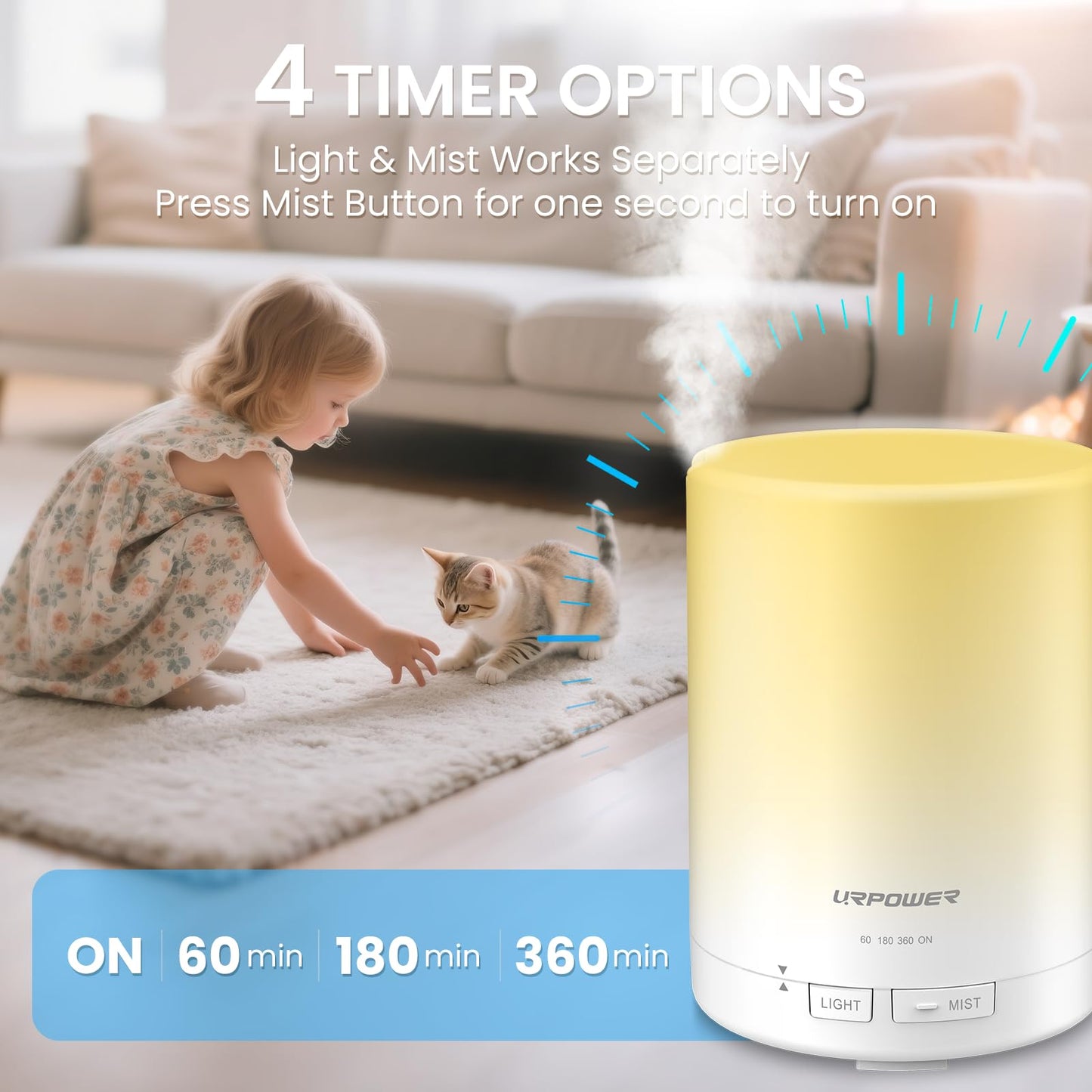 URPOWER 300ml Aromatherapy Diffuser | Ultrasonic Humidifier with 7 Color LED Night Light & 4 Timer Settings