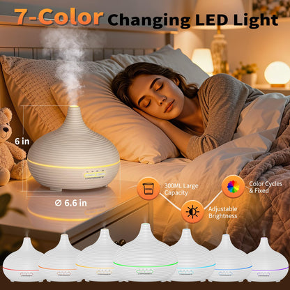 URPOWER 300ML Essential Oil Diffuser – Ultrasonic Aroma Diffuser with 7 LED Lights, Auto-Off, 1H/3H/6H Timers for Home & Office