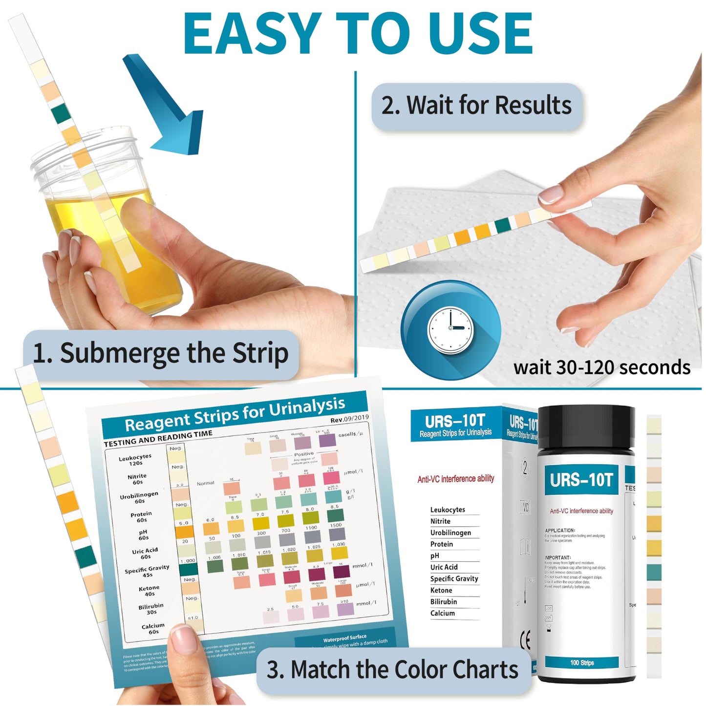 URS 10-in-1 Urine Test Strips – 10 Parameters for UTI, Ketosis, pH, Protein, 100 Count