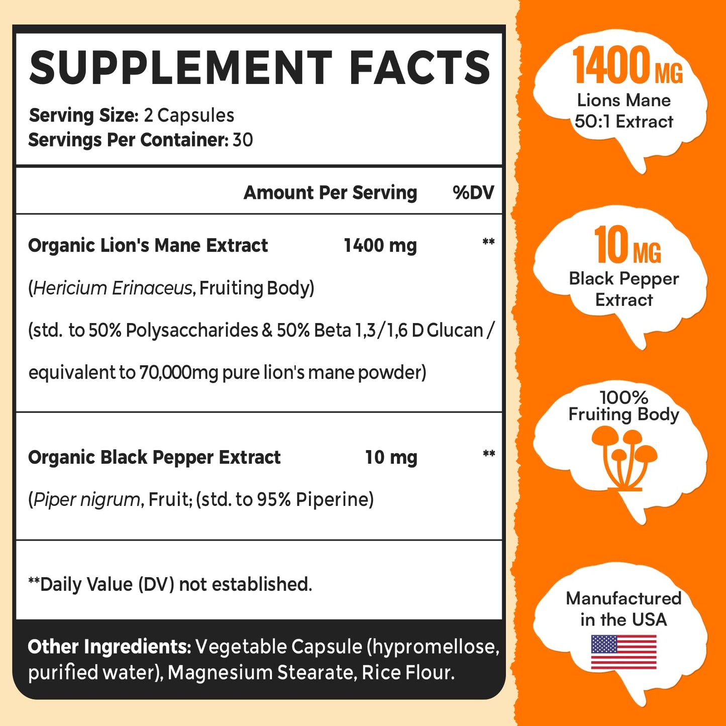 50X Strength Lions Mane 1400mg | Memory & Focus Brain Supplement - 60 Capsules