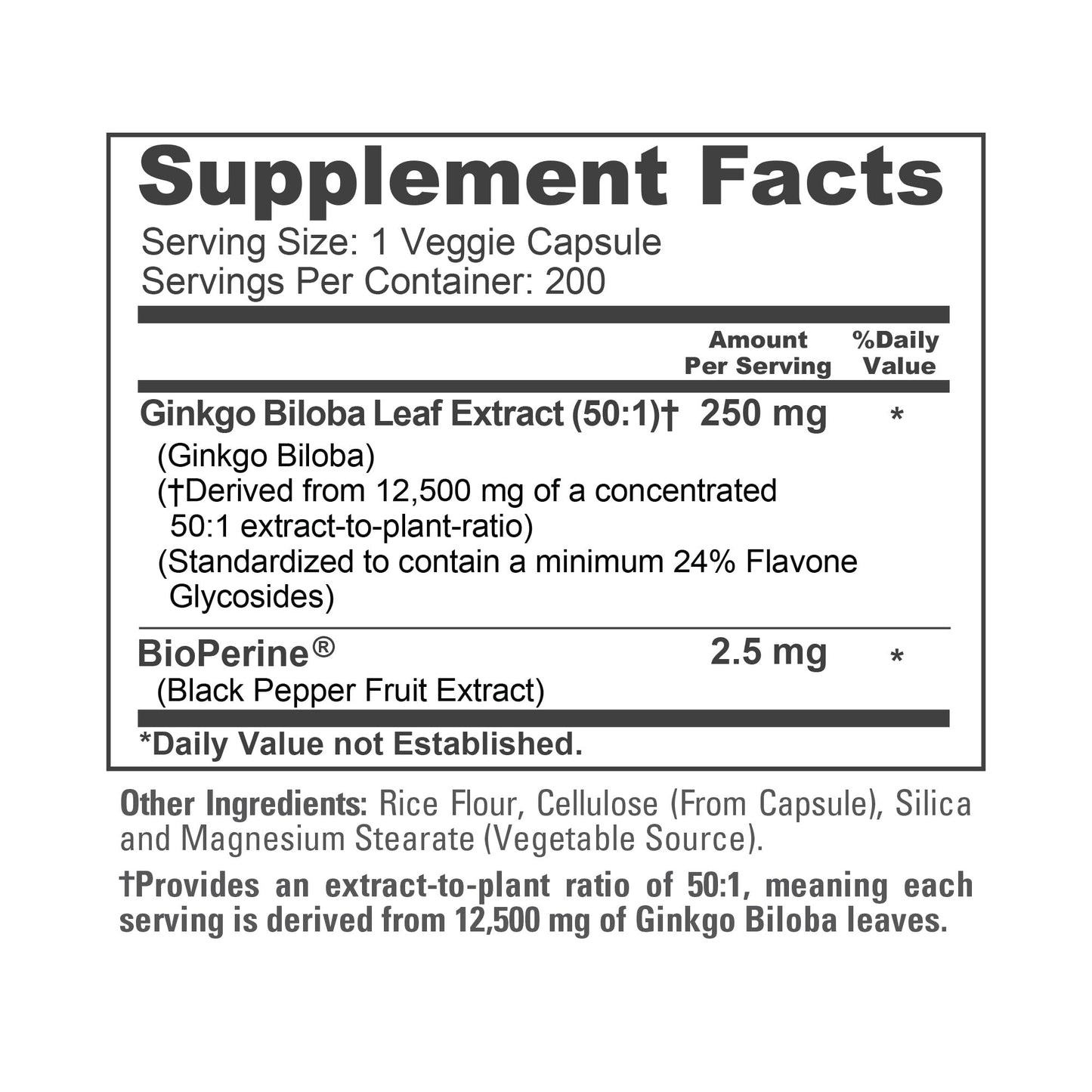NusaPure Ginkgo Biloba 50:1 Extract 250 mg per Capsule | 12,500 mg Equivalent | 200 Veggie Caps | Bioperine