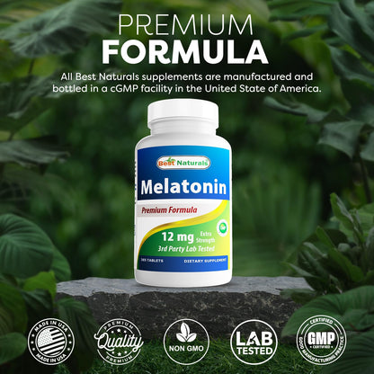 Best Naturals Melatonin 12 mg (365 Count Pack of 2) - Drug-Free Sleep Aid