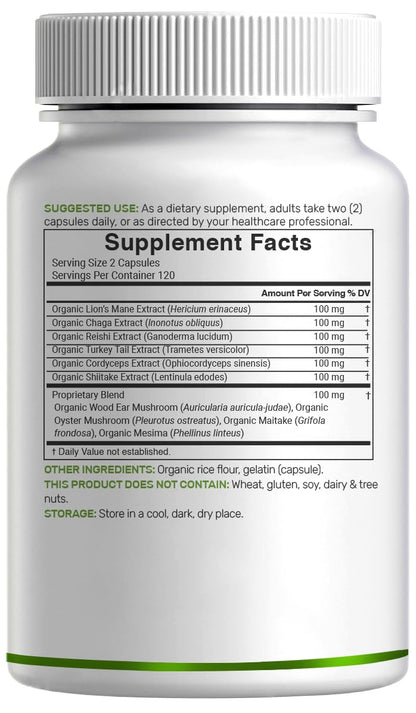 Organic 10-in-1 Mushroom Supplement – 240 Capsules – Immune & Nootropic Support (Non-GMO)