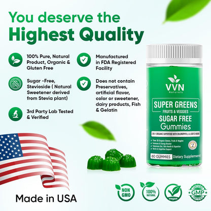 Sugar-Free Real Organic Fruits, Super Greens and Veggies Gummies | 35+ Nutritious & Healthy Greens, Fruits, and Vegetables for Improved Immunity, Skin Health & Energy Boost|60 Vegan Gummies