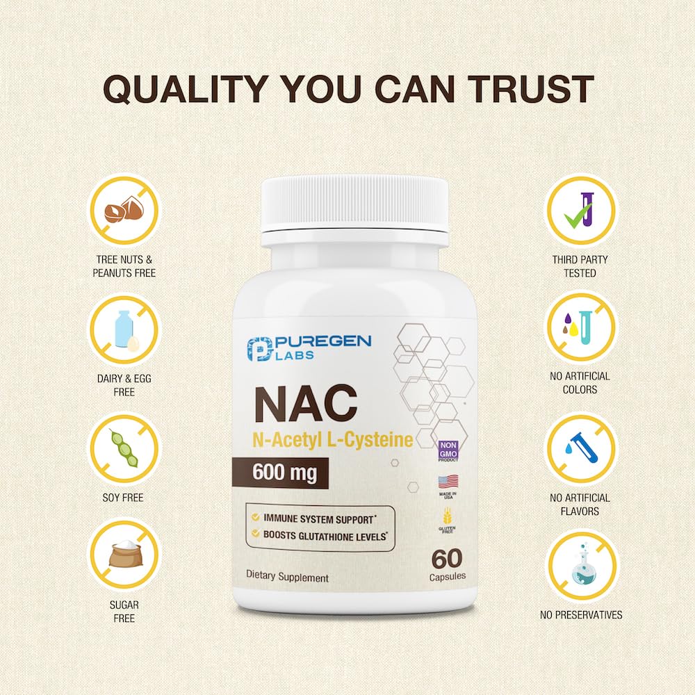 Puregen Labs NAC 600mg - Immune, Respiratory & Liver Support - 60 Veggie Capsules