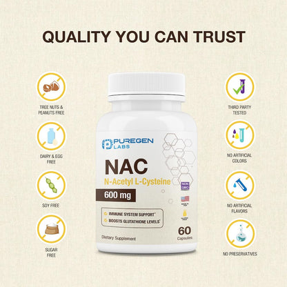 Puregen Labs NAC 600mg - Immune, Respiratory & Liver Support - 60 Veggie Capsules