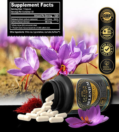 Golden Saffron Selenium - 200 mcg Selenium & 88.5 mg Saffron Extract | Made in USA