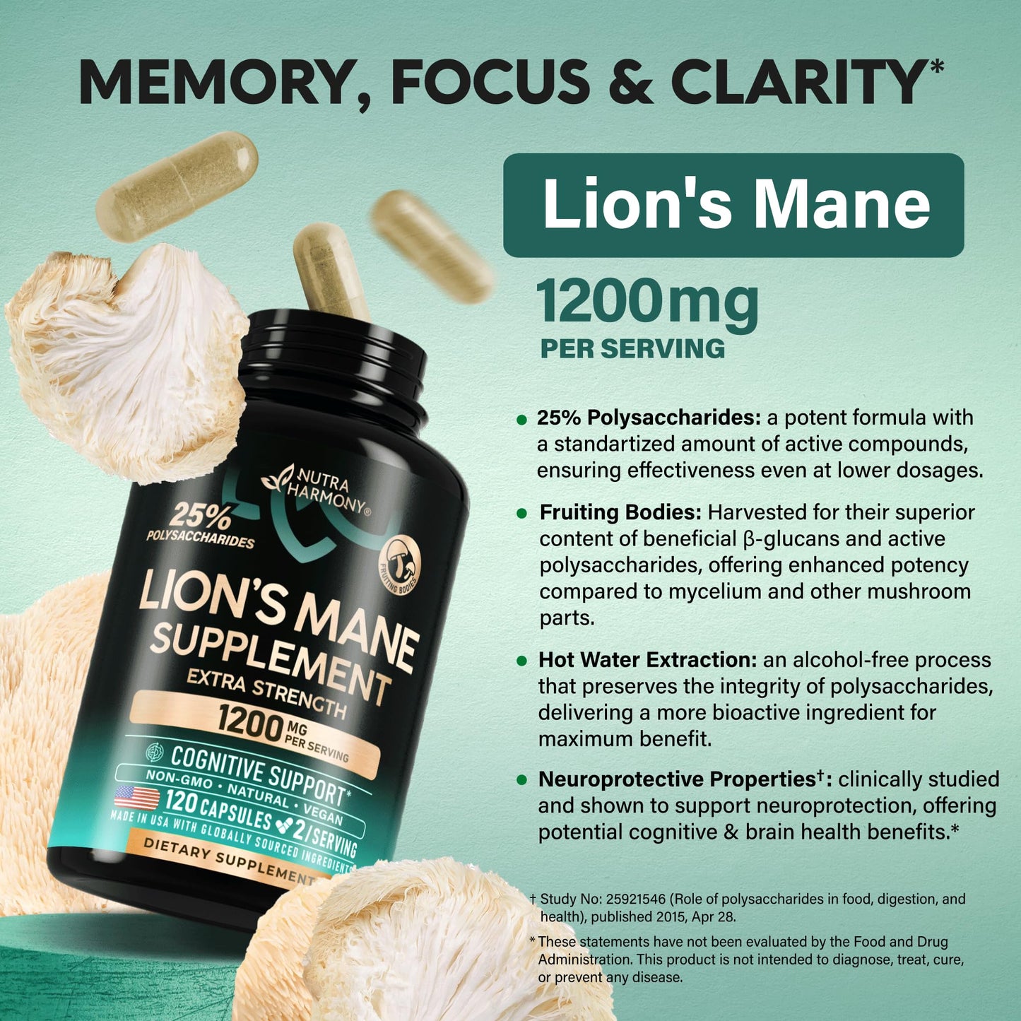 Lions Mane Capsules – Organic, Made in USA | 1200 mg, 25% Polysaccharides