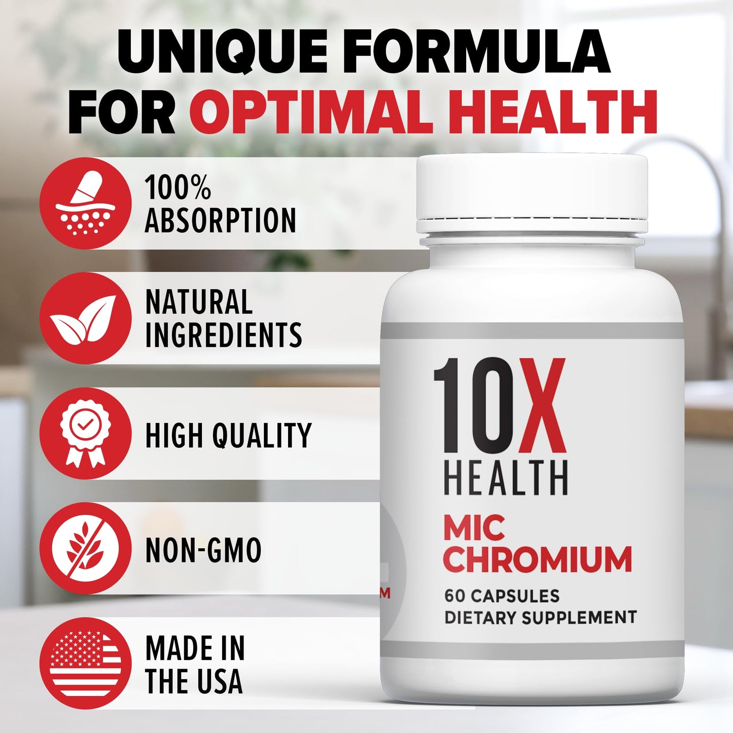 10X Health MIC Chromium Supplements - 60 Capsules with Choline, Inositol & L-Methionine