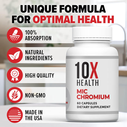 10X Health MIC Chromium Supplements - 60 Capsules with Choline, Inositol & L-Methionine