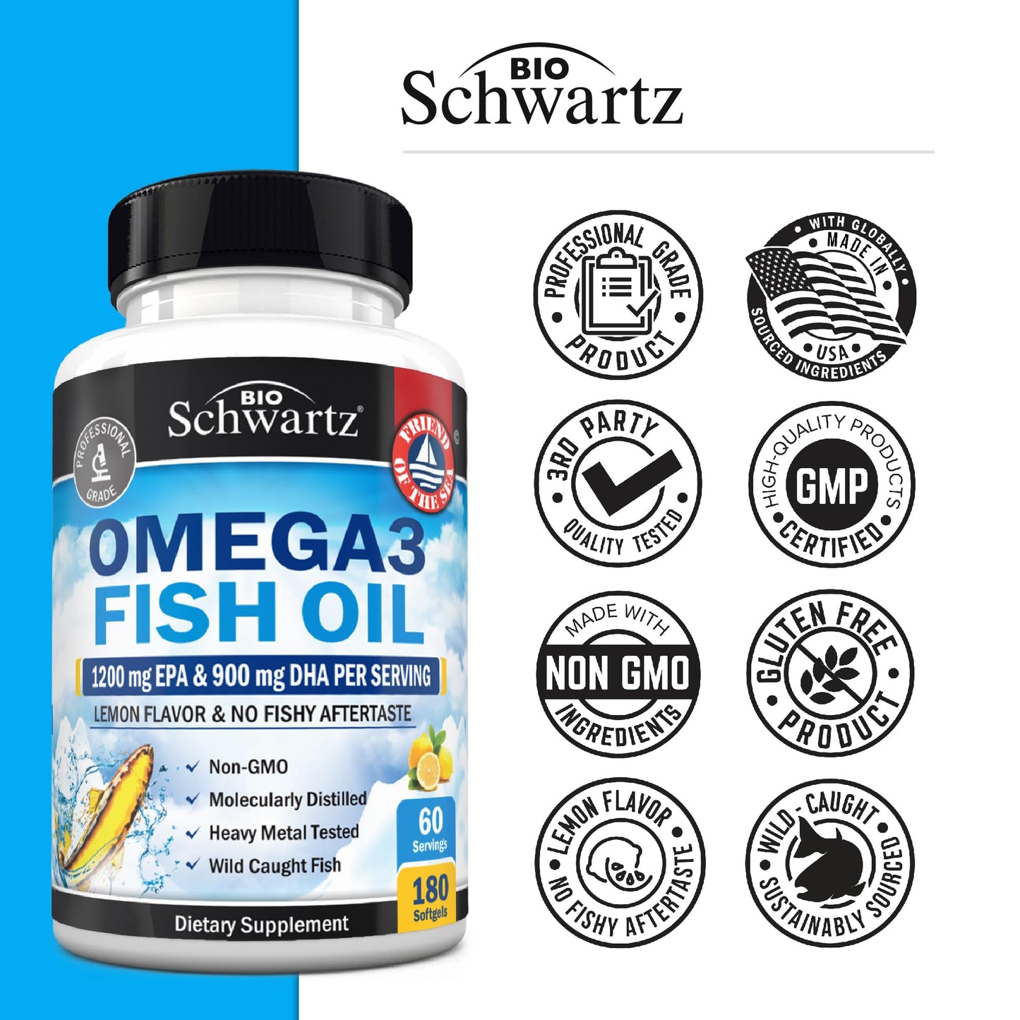Triple Strength Omega-3 Fish Oil 2250mg EPA/DHA - Burpless Lemon, 180 Softgels