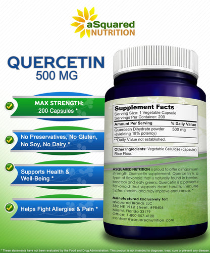 aSquared Nutrition Quercetin 500mg Supplement - 200 Capsules | Max Strength Quercetin Dihydrate for Immune & Cardiovascular Support