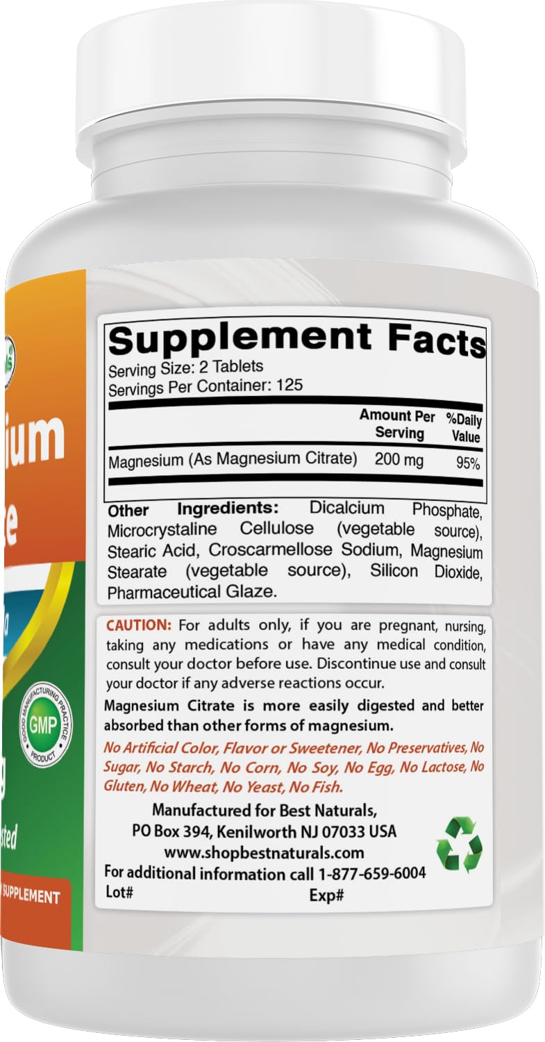 Best Naturals Magnesium Citrate 400 mg - 250 Tablets | Elemental 400 mg per 2 Tablets