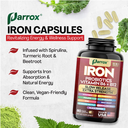 Parrox Elemental Iron 13-in-1 – Slow-Release Iron, Probiotics, B Vitamins, Beetroot & Turmeric (3-Pack, 60 Capsules)