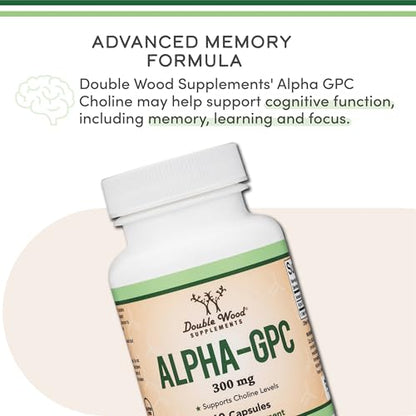 Double Wood Alpha GPC Choline Brain Supplement – 60 Count, 600 mg – Memory, Focus & Brain Support (USA Made) Pack of 2