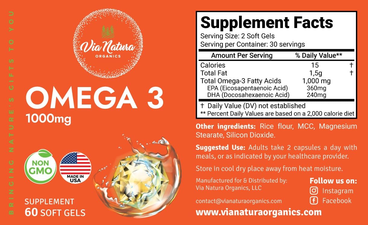 Via Natura Organics Omega 3 1000mg | EPA & DHA | 60 Softgels | Non-GMO