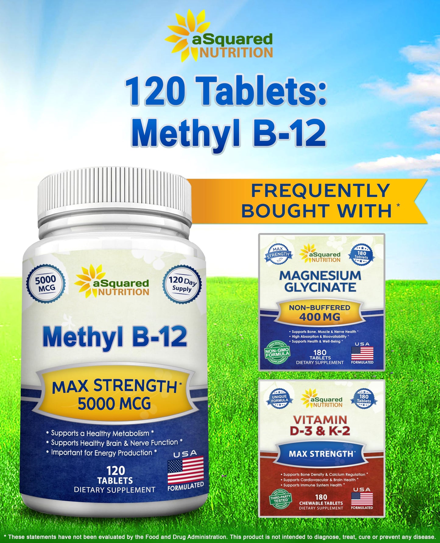 aSquared Nutrition Vitamin B12-5000 mcg (Methylcobalamin) – 120 Tablets | Max Strength Energy, Brain & Heart Support