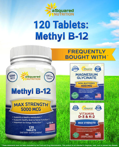 aSquared Nutrition Vitamin B12-5000 mcg (Methylcobalamin) – 120 Tablets | Max Strength Energy, Brain & Heart Support