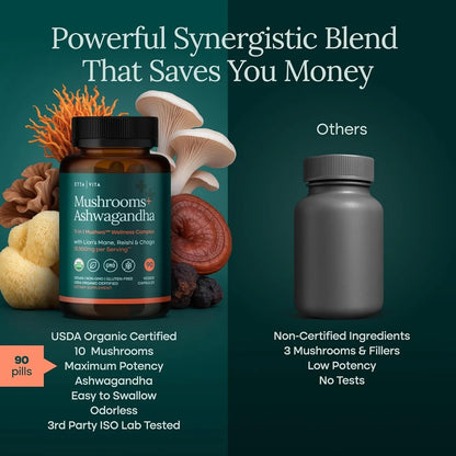 USDA Organic Lion's Mane + Ashwagandha: 10x Mushroom Complex (18,600mg/serv) for Focus & Immunity