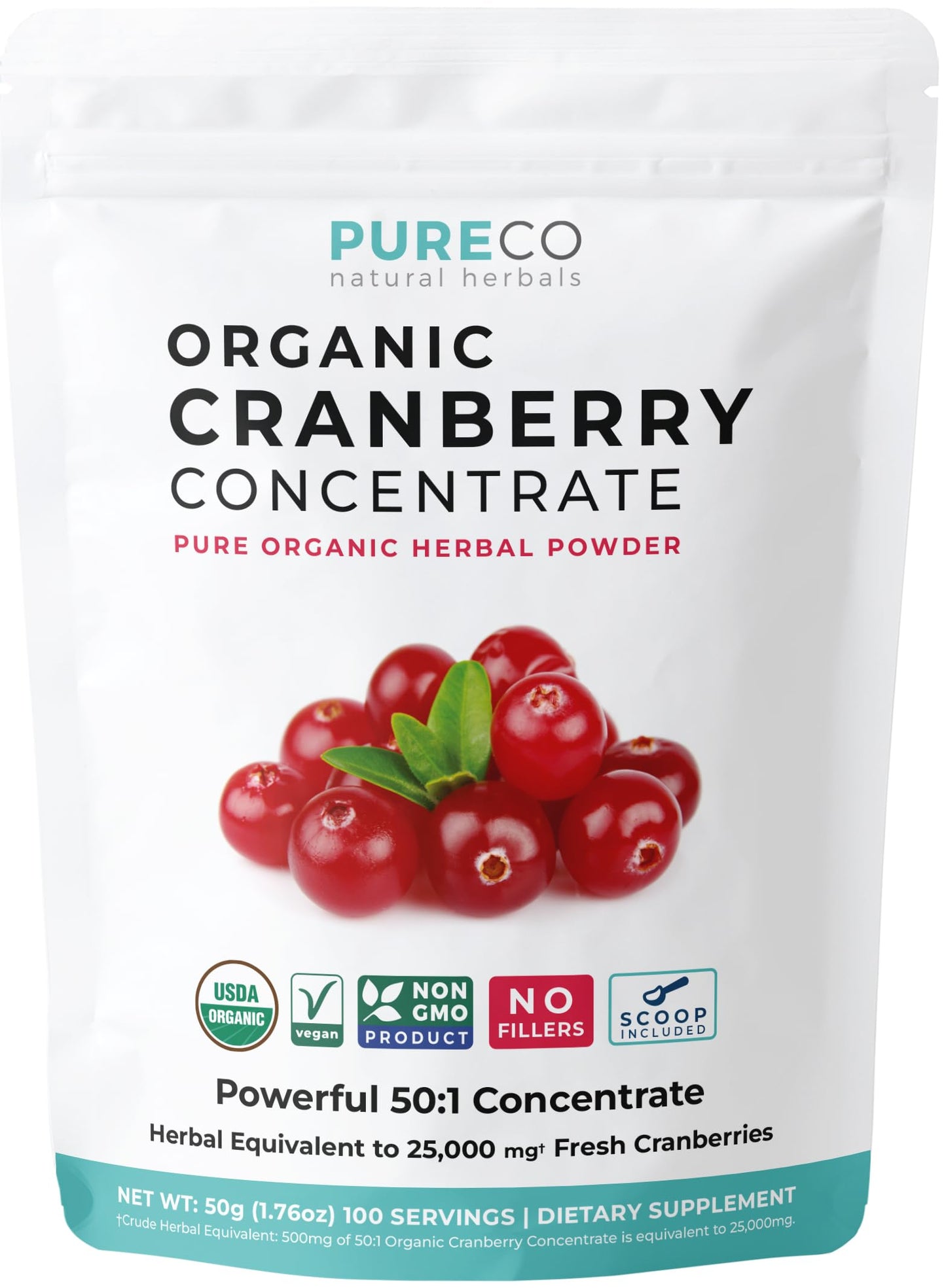 USDA Organic Cranberry Concentrate Powder (50:1) 500mg - 25,000mg Fresh Cranberries Equivalent | Kidney & Urinary Health | Women Supplement | 100 Servings