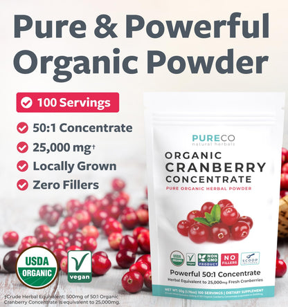 USDA Organic Cranberry Concentrate Powder (50:1) 500mg - 25,000mg Fresh Cranberries Equivalent | Kidney & Urinary Health | Women Supplement | 100 Servings