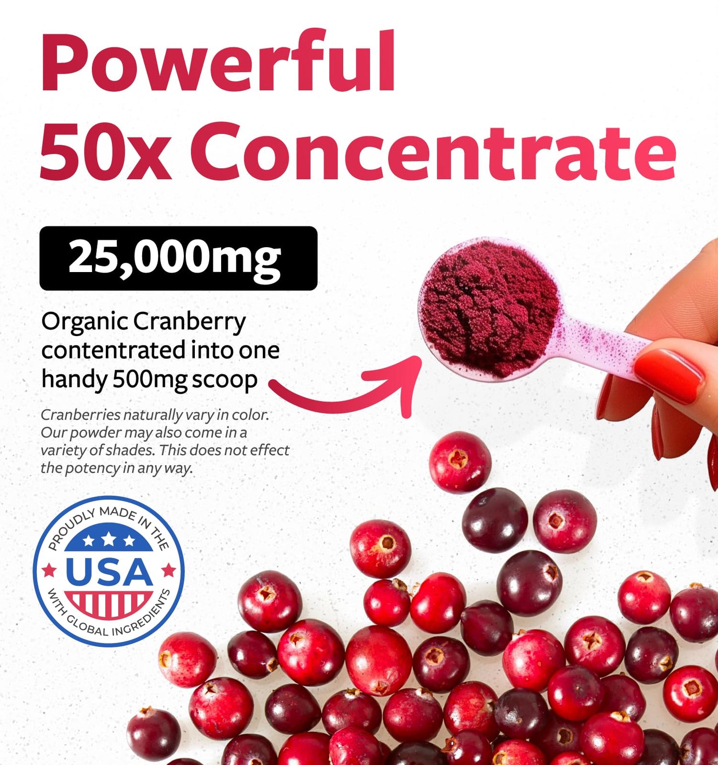 USDA Organic Cranberry Concentrate Powder (50:1) 500mg - 25,000mg Fresh Cranberries Equivalent | Kidney & Urinary Health | Women Supplement | 100 Servings