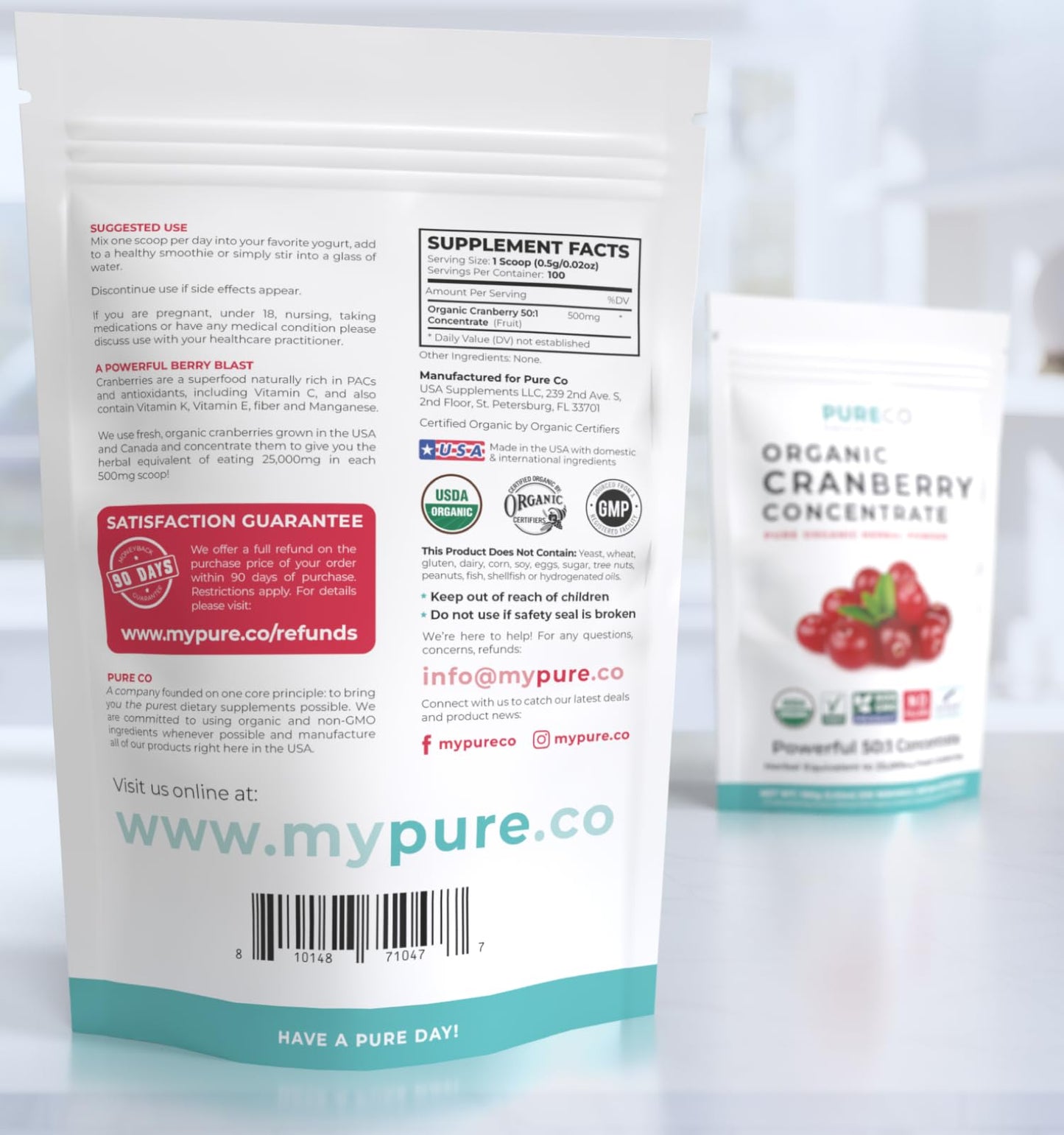 USDA Organic Cranberry Concentrate Powder (50:1) 500mg - 25,000mg Fresh Cranberries Equivalent | Kidney & Urinary Health | Women Supplement | 100 Servings