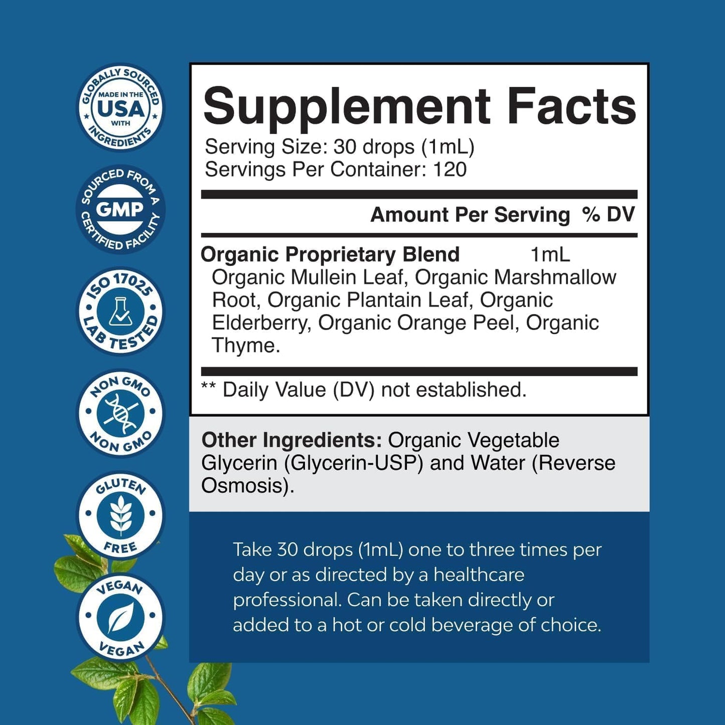 USDA Organic Mullein Drops for Lungs - Breathing Support & Lung Detox (120ml)