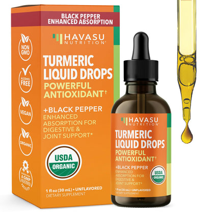 USDA Organic Turmeric Liquid Drops with Black Pepper – 1000mg Curcumin, 1oz