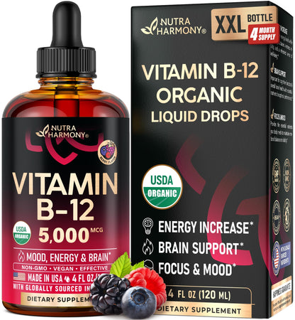USDA Organic Vitamin B12 Sublingual Drops – 5000 mcg, 4 oz, 4 Month Supply