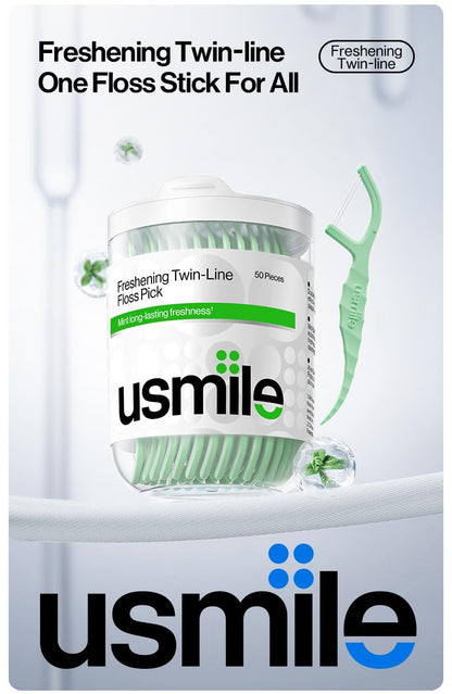 usmile Twin-Line Floss Picks – 50 Count, Mint Fresh, Gentle on Gums