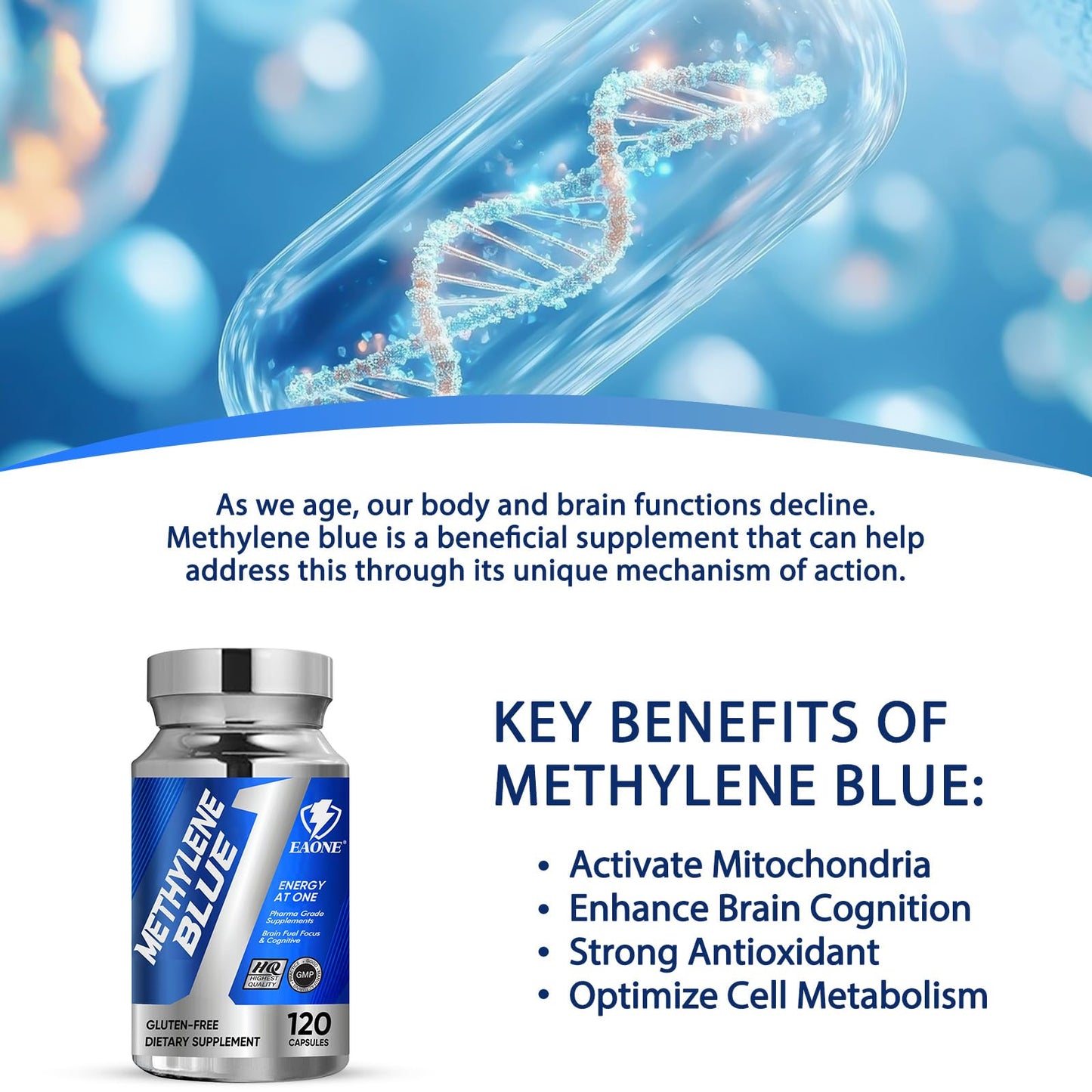Methylene Blue USP Grade Brain Supplement with Vitamin C Ester – EAONE (120 Capsules)