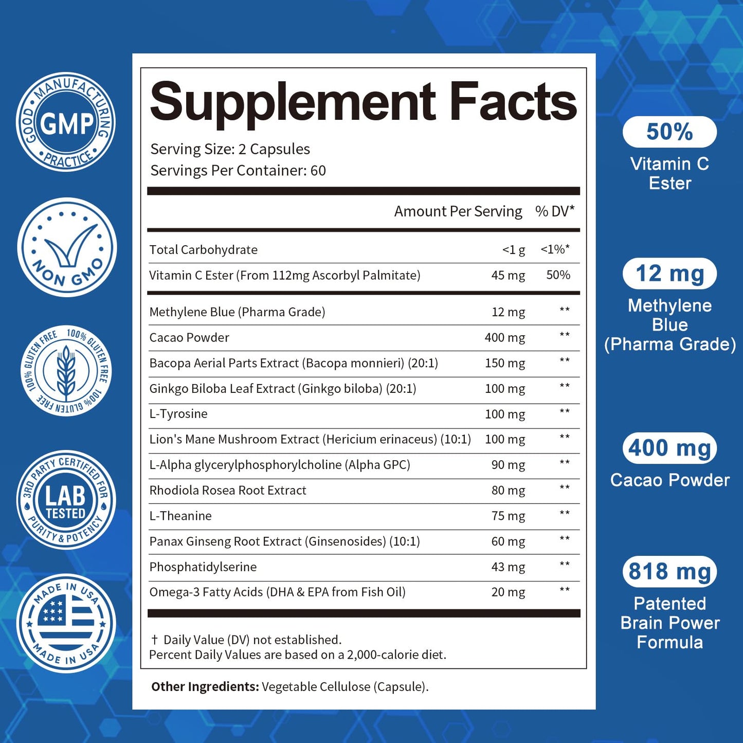 USP Methylene Blue Pharmaceutical Grade 13-in-1 Brain Formula with Vitamin C Ester, Bacopa, Phosphatidylserine, Omega-3 - 120 Count