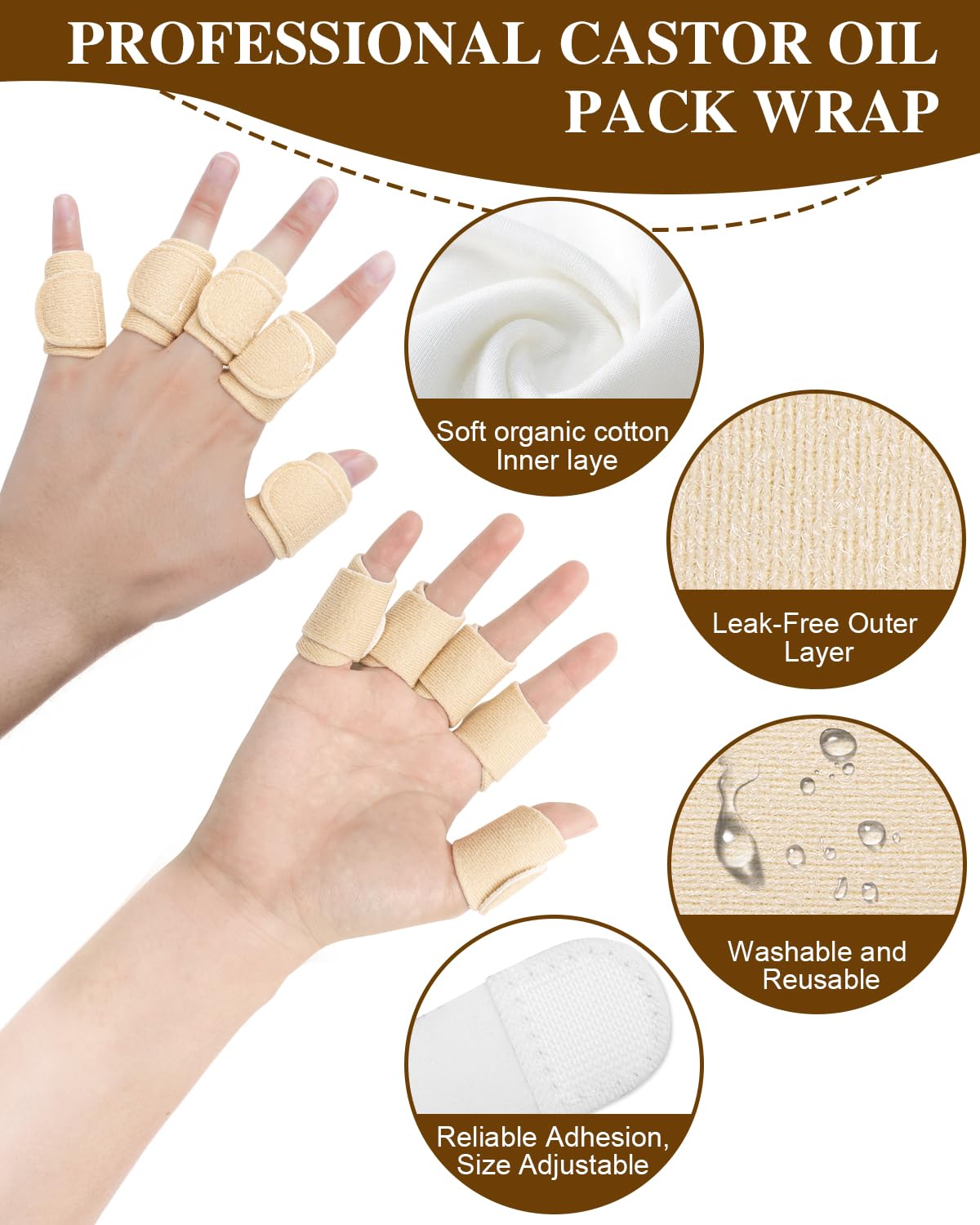 Uwbettry 10pcs Castor Oil Pack Wraps for Fingers - Reusable Self-Adhesive Finger/Thumb Castor Oil Compress (Organic Cotton)
