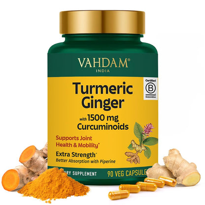 VAHDAM Turmeric Ginger 1900mg – 1500mg Curcuminoids | Joint Health & Mobility | 90 Capsules