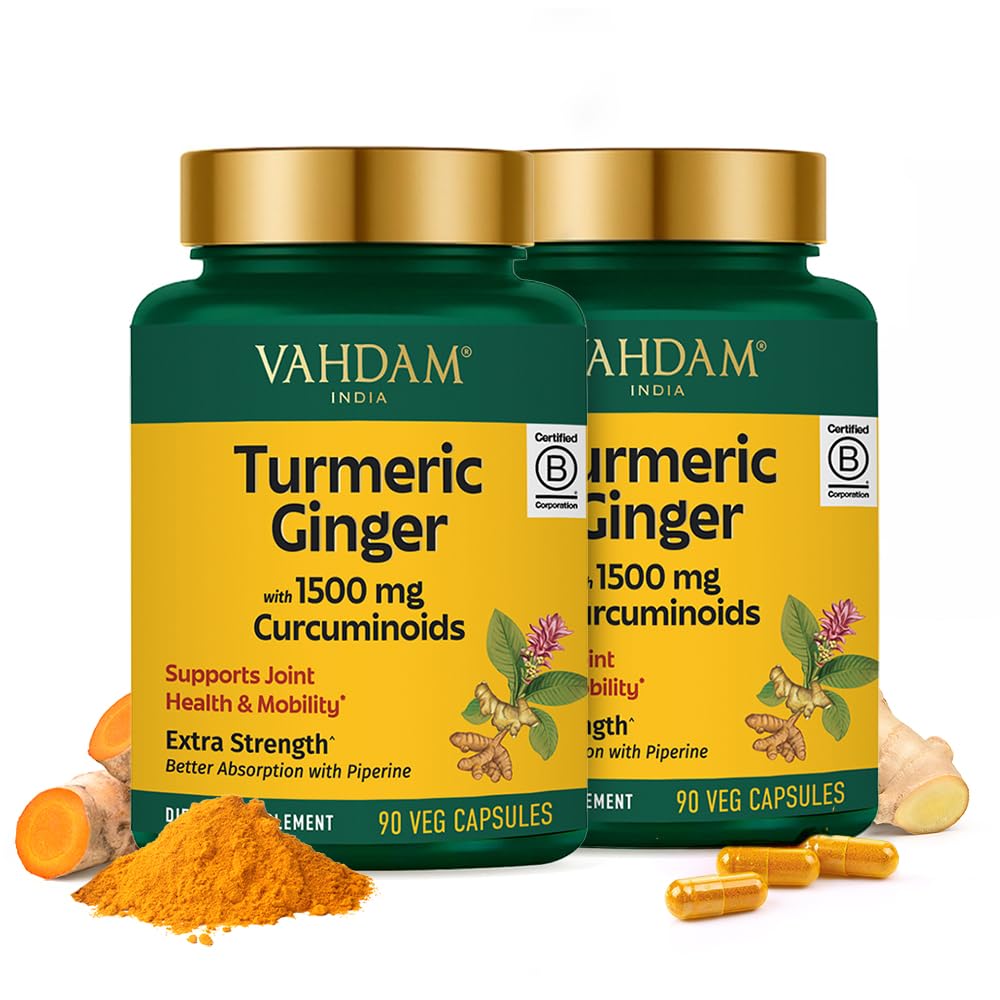 VAHDAM Turmeric Ginger 1900mg – 1500mg Curcuminoids, Black Pepper, 90 Capsules (Pack of 2)