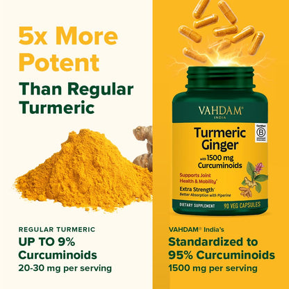 VAHDAM Turmeric Ginger 1900mg – 1500mg Curcuminoids | Joint Health & Mobility | 90 Capsules