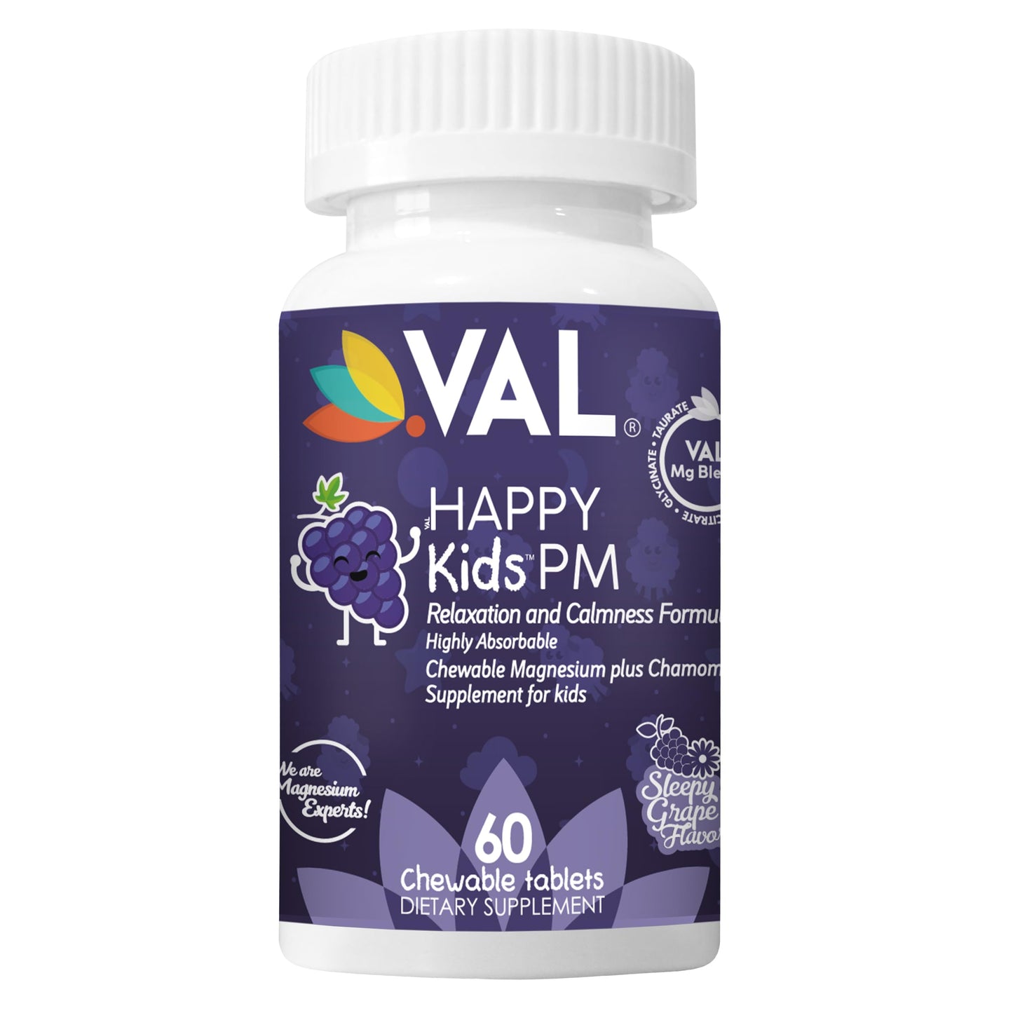 VAL Kids PM Magnesium Gummies | Sugar-Free Sleep & Calm for Kids 4+ | Grape Flavor | Magnesium Glycinate, Citrate & Taurate + Chamomile | 60 Count