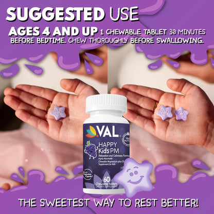 VAL Kids PM Magnesium Gummies | Sugar-Free Sleep & Calm for Kids 4+ | Grape Flavor | Magnesium Glycinate, Citrate & Taurate + Chamomile | 60 Count