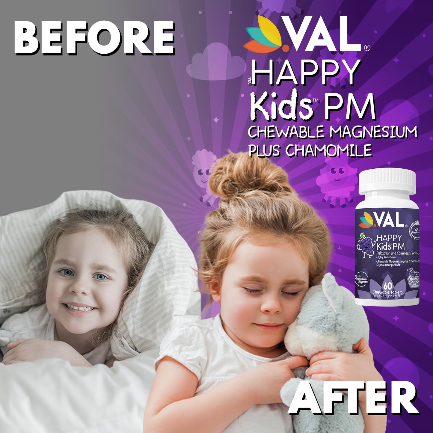VAL Kids PM Magnesium Gummies | Sugar-Free Sleep & Calm for Kids 4+ | Grape Flavor | Magnesium Glycinate, Citrate & Taurate + Chamomile | 60 Count