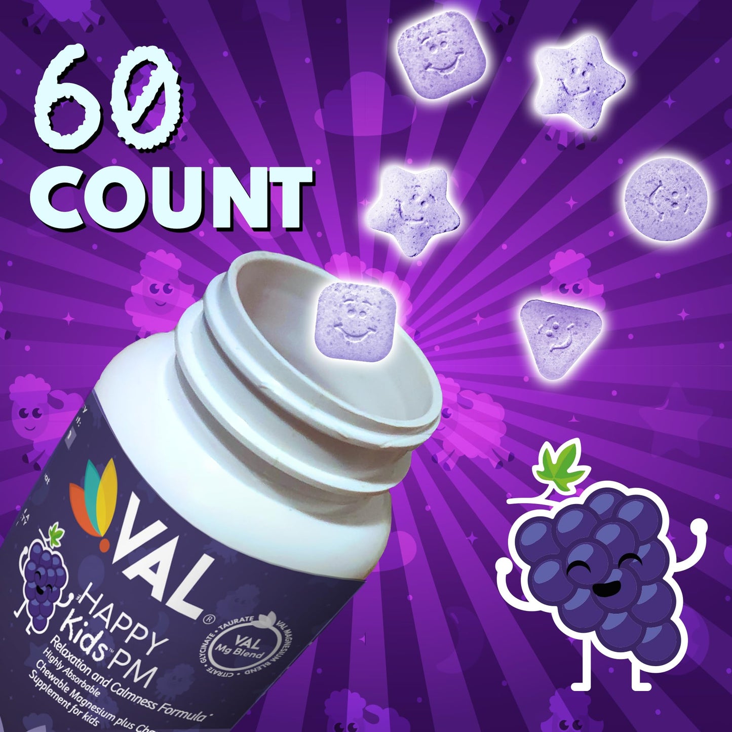 VAL Kids PM Magnesium Gummies | Sugar-Free Sleep & Calm for Kids 4+ | Grape Flavor | Magnesium Glycinate, Citrate & Taurate + Chamomile | 60 Count