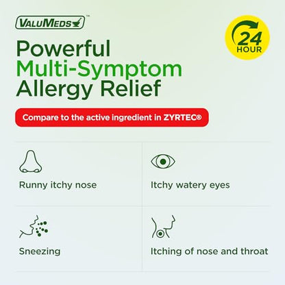 ValuMeds Cetirizine HCl 10mg Caplets – 100 Count | 24-Hour Non-Drowsy Allergy Relief for Pollen, Hay Fever & Itchy Eyes