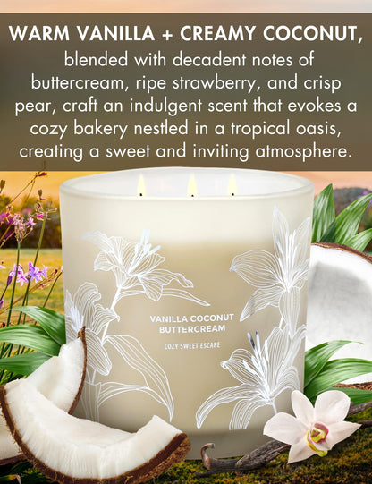 Vanilla Coconut Buttercream 3-Wick Soy Candle – 14.5 oz, Creamy Vanilla & Toasted Coconut | Long-Lasting Clean Burn