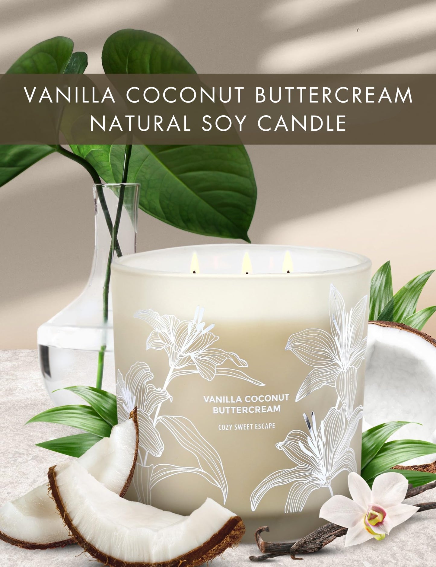 Vanilla Coconut Buttercream 3-Wick Soy Candle – 14.5 oz, Creamy Vanilla & Toasted Coconut | Long-Lasting Clean Burn