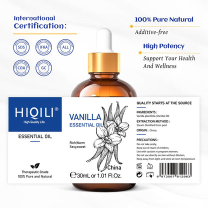 HIQILI Vanilla Essential Oil 1 oz – Pure, Undiluted Aroma for Skincare, Diffuser & DIY
