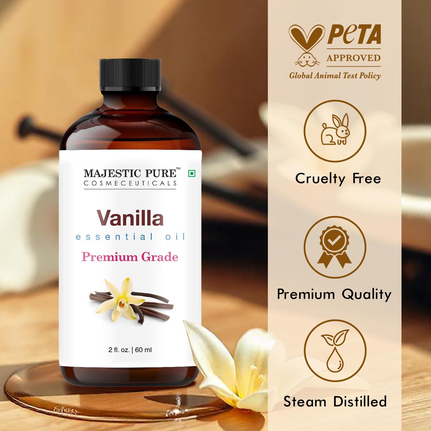 Majestic Pure Vanilla Essential Oil - 2 oz with Glass Dropper, 100% Pure