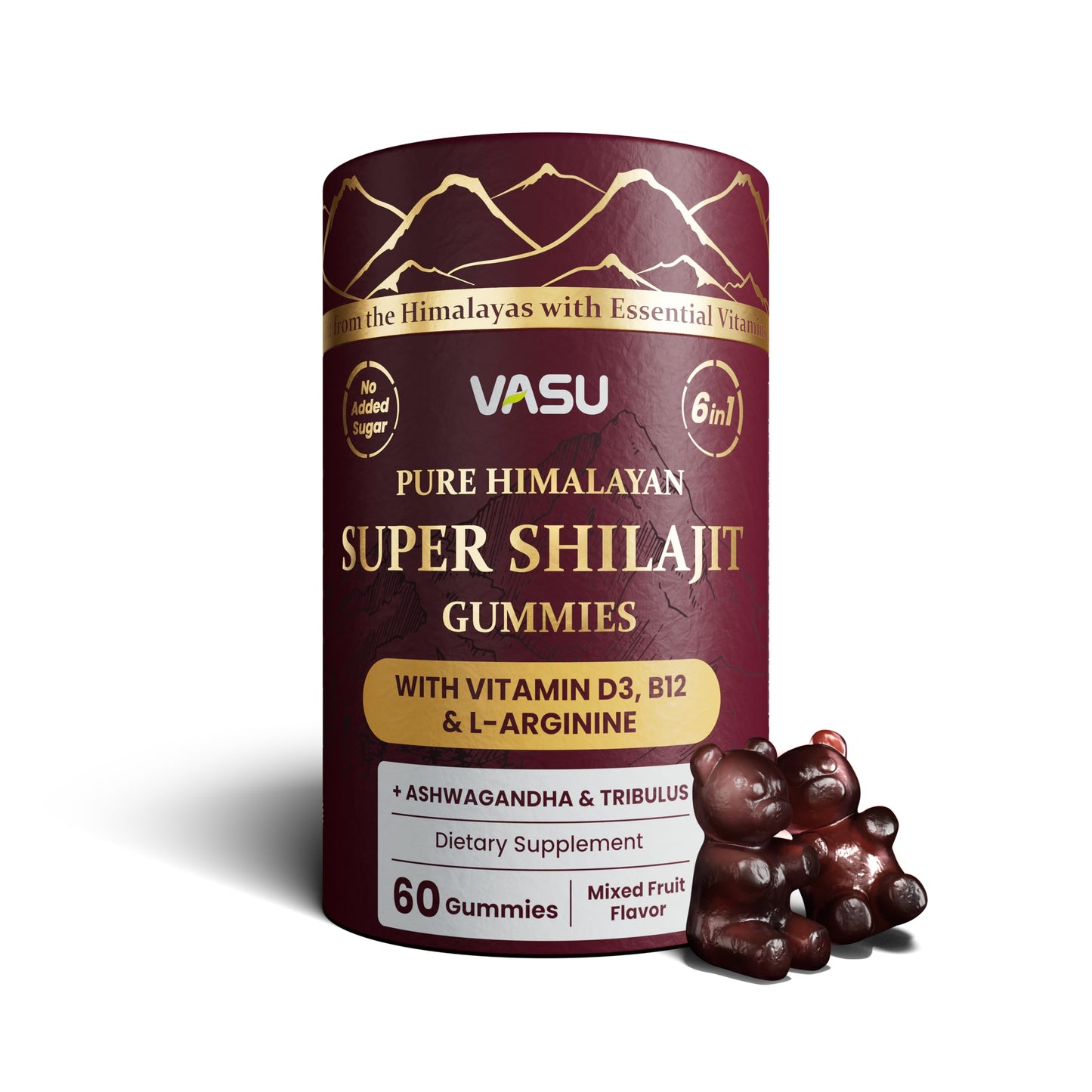 Vasu 6-in-1 Shilajit Gummies - Himalayan Gold, Vitamin D3 & B12, Sugar Free (60 Count)